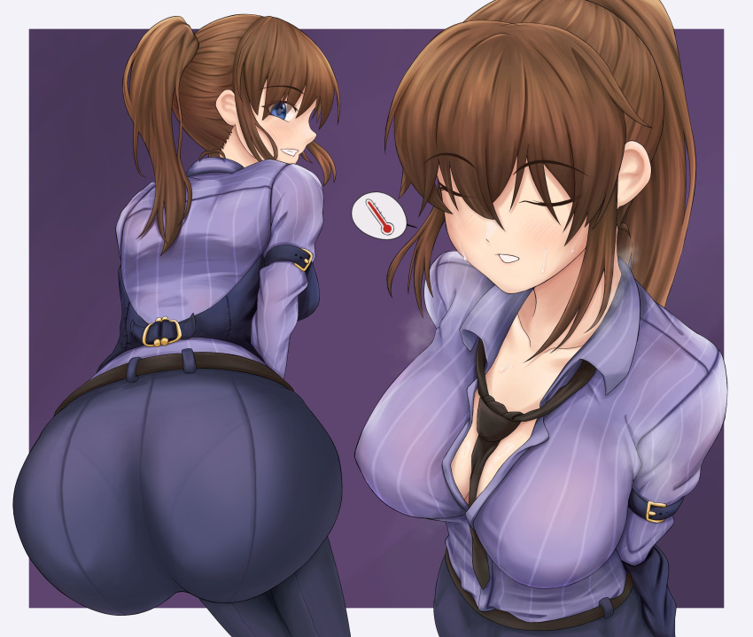 arm_strap ass ass_focus bartender belt black_belt black_necktie black_pants blue_eyes border breasts brown_hair cleavage closed_eyes collarbone collared_shirt concept_shaker_(idolmaster) covered_nipples dot_nose double-parted_bangs female from_above from_behind grey_border grin highres idolmaster idolmaster_million_live! idolmaster_million_live!_theater_days large_breasts long_hair long_sleeves looking_at_viewer looking_back loose_necktie multiple_views necktie nii_niip official_alternate_costume open_clothes open_collar open_shirt outside_border pants ponytail purple_background purple_shirt satake_minako shirt sidelocks smile speech_bubble striped_clothes striped_shirt upper_body vertical-striped_clothes vertical-striped_shirt