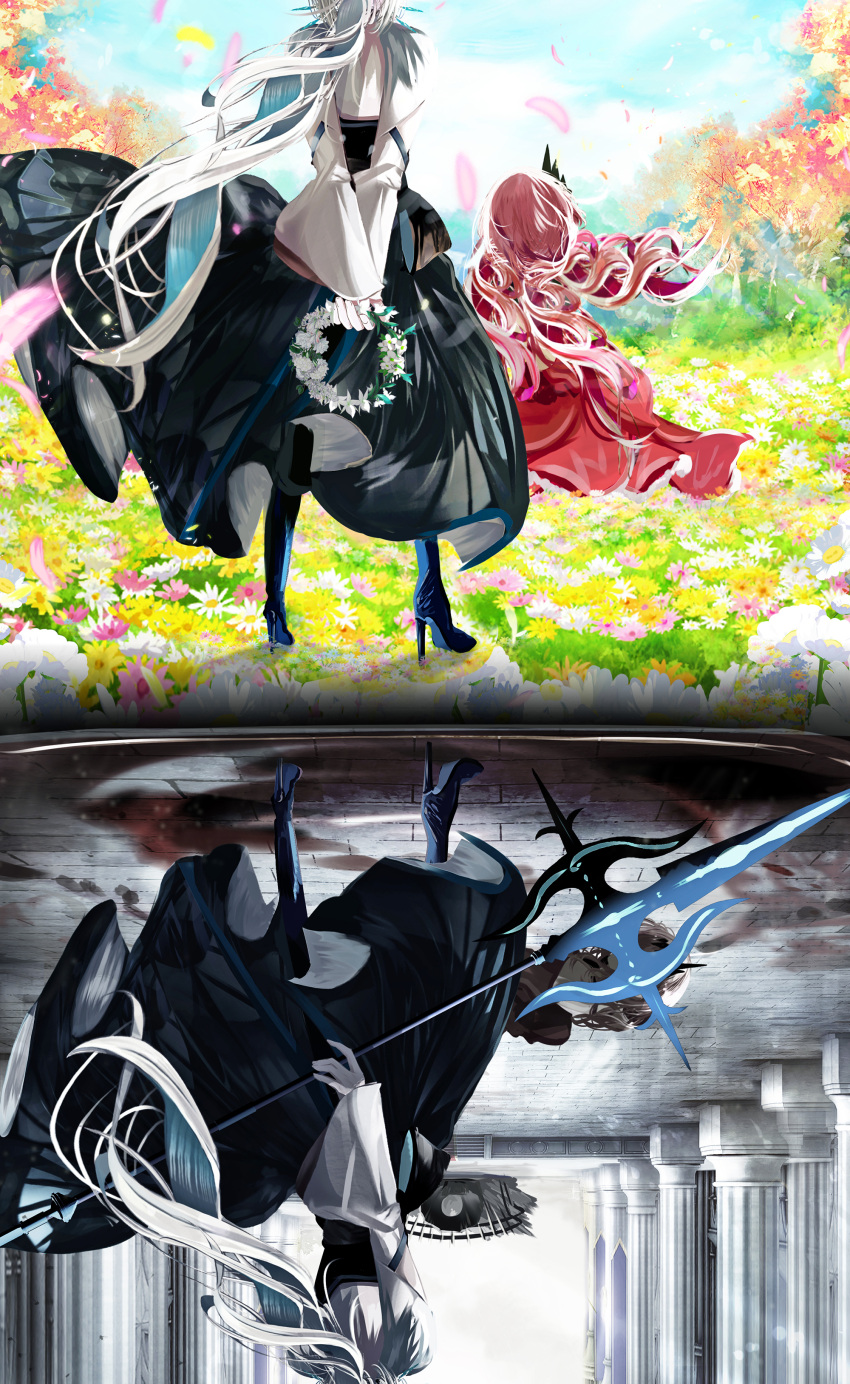 2girls absurdres antinese baobhan_sith_(fate) baobhan_sith_(first_ascension)_(fate) black_dress blood boots different_reflection dress fate/grand_order fate_(series) field flower flower_field flower_wreath from_behind hair_ornament highres holding holding_staff long_hair morgan_le_fay_(fate) mother_and_daughter multiple_girls pink_hair pond ponytail red_dress reflection staff thigh_boots water white_hair