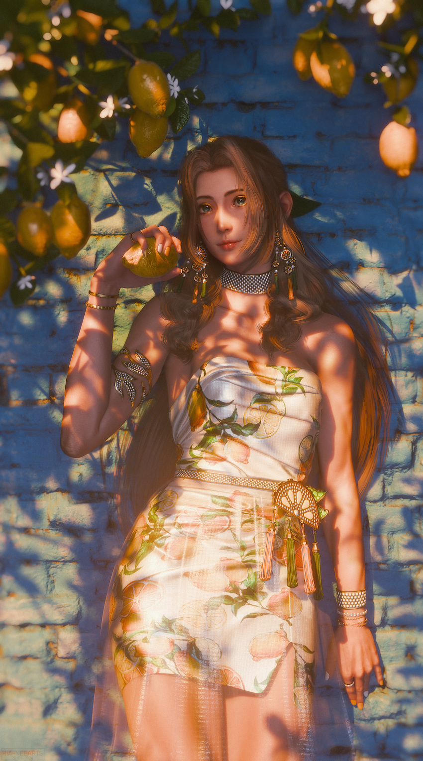 1girls 2024 3d aerith_gainsborough armlet bare_shoulders blender bracelet bracelets dress earrings female female_focus female_only final_fantasy final_fantasy_vii final_fantasy_vii_rebirth final_fantasy_vii_remake fruit green_eyes highres jewelry leaves lemon light_brown_hair light_smile long_hair looking_at_viewer nail_polish ria-neearts sidelocks small_breasts solo_female standing sunlight thighs tree very_long_hair wall_(structure)