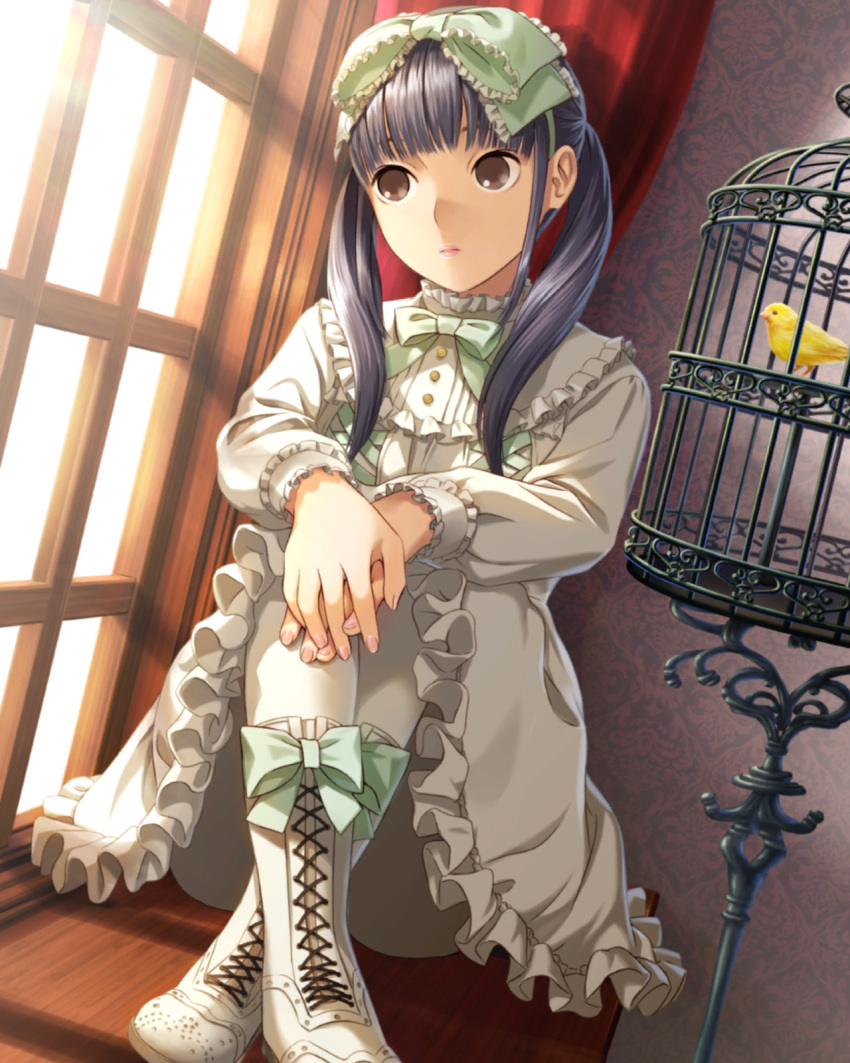 animal bird birdcage blue_hair blunt_bangs boots bow brown_eyes cage curtains dress dutch_angle expressionless footwear_bow frilled_dress frills green_bow highres indoors interlocked_fingers kobayakawa_rinko lips lolita_fashion looking_to_the_side love_plus low_twintails official_art own_hands_together pantyhose pink_lips sidelocks sitting solo sweet_lolita twintails white_dress white_footwear white_pantyhose window yellow_bird