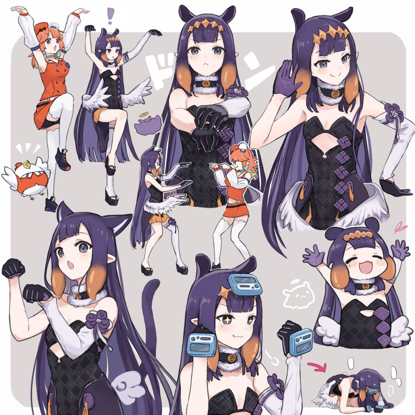 ! +_+ 2girls :< :3 :o animal_ears arms_up arrow_(symbol) beret bird black_dress black_footwear black_gloves blunt_bangs blush_stickers border cat_ears cat_girl cat_tail chef_hat chibi chibi_inset chicken choker closed_mouth commentary cropped_legs cutout_above_navel detached_sleeves diamond_hairband dress exhausted feathered_wings flat_chest fur-trimmed_choker fur_trim gloves gradient_hair hat highres hololive hololive_english kemonomimi_mode kfp_employee_(takanashi_kiara) light_blush long_hair looking_at_viewer low_wings mole mole_under_eye multicolored_hair multiple_girls multiple_hats multiple_views ninomae_ina'nis ninomae_ina'nis_(1st_costume) notice_lines okobo open_mouth orange_hair orange_hat orange_skirt orange_vest outside_border outstretched_arms paw_pose pointing pointing_at_another pointy_ears prostration purple_eyes purple_hair sandals shoes sidelocks single_detached_sleeve single_thighhigh skirt smile sneakers split_mouth standing standing_on_one_leg strapless strapless_dress sweat symbol-only_commentary tail takanashi_kiara takanashi_kiara_(1st_costume) takodachi_(ninomae_ina'nis) tentacle_hair thighhighs translation_request tube_dress two-sided_gloves two-tone_hair v-shaped_eyebrows very_long_hair vest virtual_youtuber white_border white_sleeves white_thighhighs white_wings wings yuuyu_(777)