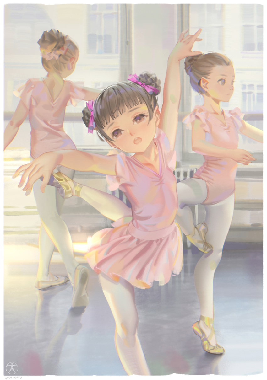 3girls absurdres alphonse_(white_datura) athletic_leotard ballerina ballet ballet_dress ballet_slippers barre blush brown_eyes brown_hair closed_mouth dance_studio dancing double_bun hair_bun hair_ribbon highres indoors leotard multiple_girls open_mouth original pantyhose photoshop_(medium) pink_leotard plantar_flexion ribbon single_hair_bun tiptoes tutu white_pantyhose