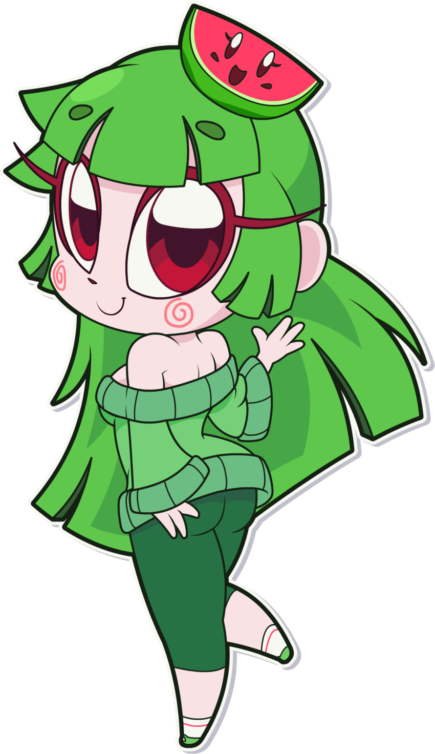 ass back bare_back bare_shoulders chibi closed_mouth doctor-g female food from_behind fruit full_body green_footwear green_hair green_pants green_sweater hair_ornament highres long_hair long_sleeves looking_at_viewer looking_back melon mini_melon_(vannamelon) off-shoulder_sweater off_shoulder original pants red_eyes slice smile socks spiral_cheeks sweater transparent_background watermelon watermelon_slice waves youtube