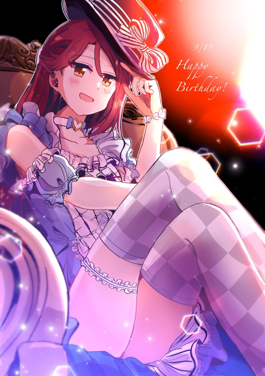 :d absurdres black_background black_hat blue_dress blush checkered_thighhighs commentary_request dated dress feet_out_of_frame female frilled_dress frills grey_thighhighs happy_birthday hat hexagon highres knees_up looking_at_viewer love_live! love_live!_sunshine!! love_spiral_tower official_alternate_costume open_mouth puffy_short_sleeves puffy_sleeves red_hair sakurauchi_riko short_dress short_sleeves sitting smile solo thighhighs two-tone_thighhighs watage_modoki white_dress white_thighhighs yellow_eyes