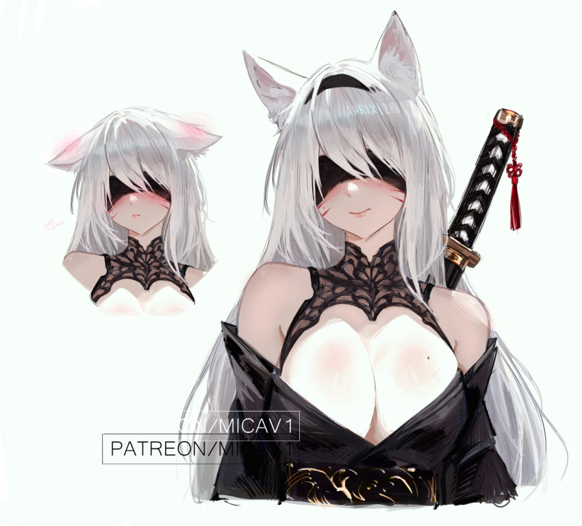 2b_(nier:automata) alternate_hairstyle animal_ears bare_shoulders belt_around_waist black_blindfold black_dress black_headband blindfold blush breasts cat_ears dress ear_blush female headband highres katana lace_collar large_breasts micav1 multiple_views nier_(series) simple_background smile sword sword_hilt sword_on_back tassel upper_body weapon weapon_on_back white_background white_hair