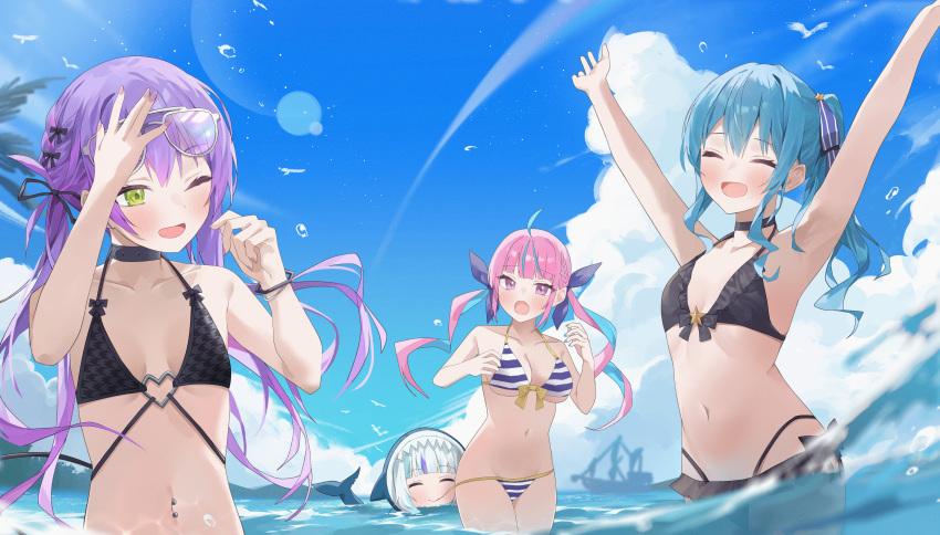 4girls :o ;d absurdres ahoge alternate_costume animal_hood aqua_hair arm_up arms_up asymmetrical_sidelocks aviator_sunglasses bikini black_bikini black_choker blue_bikini blue_hair blue_sky blunt_bangs breasts choker closed_eyes cloud commentary day double-parted_bangs drill_hair english_commentary eyewear_on_head fanged_bangs front-tie_bikini_top front-tie_top gawr_gura green_eyes grey_hair hair_between_eyes halterneck hand_up heart_o-ring highleg highleg_bikini highres hololive hololive_english hood hood_up hoshimachi_suisei houndstooth large_breasts minato_aqua minato_aqua_(hololive_summer_2019) multicolored_hair multiple_girls nail_polish navel navel_piercing nel_dcm o-ring o-ring_bikini ocean official_alternate_costume one_eye_closed outdoors partially_submerged piercing pink_hair pointy_ears purple_hair purple_nails shark_girl shark_hood side_ponytail sky small_breasts smile startend_(hololive) streaked_hair striped_bikini striped_clothes sunglasses swimsuit tokoyami_towa twin_drills twintails virtual_youtuber wading