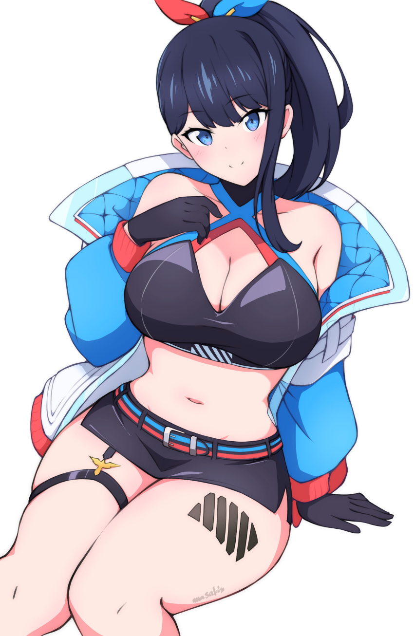 absurdres bare_shoulders belt black_gloves black_hair black_skirt blue_background blue_eyes blue_sleeves breasts cleavage collarbone cowboy_shot female gloves gridman_universe gridman_universe_(film) hair_between_eyes hair_ribbon halterneck highres jacket long_hair long_sleeves looking_at_viewer masakin medium_breasts midriff miniskirt navel official_alternate_costume official_alternate_hairstyle open_clothes open_jacket pencil_skirt ponytail ribbon sidelocks signature simple_background sitting skindentation skirt solo ssss.gridman standing takarada_rikka thick_thighs thigh_strap thighs white_jacket