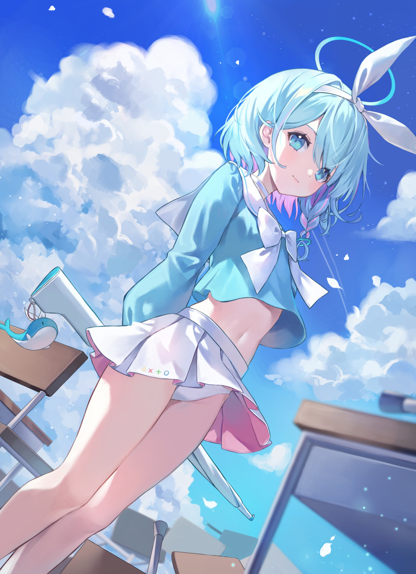 arms_behind_back arona_(blue_archive) blue_archive blue_eyes blue_hair blue_halo blue_sky blush chair choker closed_mouth cloud cloudy_sky colored_inner_hair cumulonimbus_cloud desk dutch_angle female greenapple gun hairband halo highres holding holding_gun holding_weapon long_sleeves looking_at_viewer midriff multicolored_hair navel neckerchief panties pink_hair pleated_skirt sailor_collar school_chair school_desk school_uniform serafuku short_hair skirt sky smile solo standing underwear weapon white_choker white_hairband white_neckerchief white_panties white_sailor_collar white_skirt