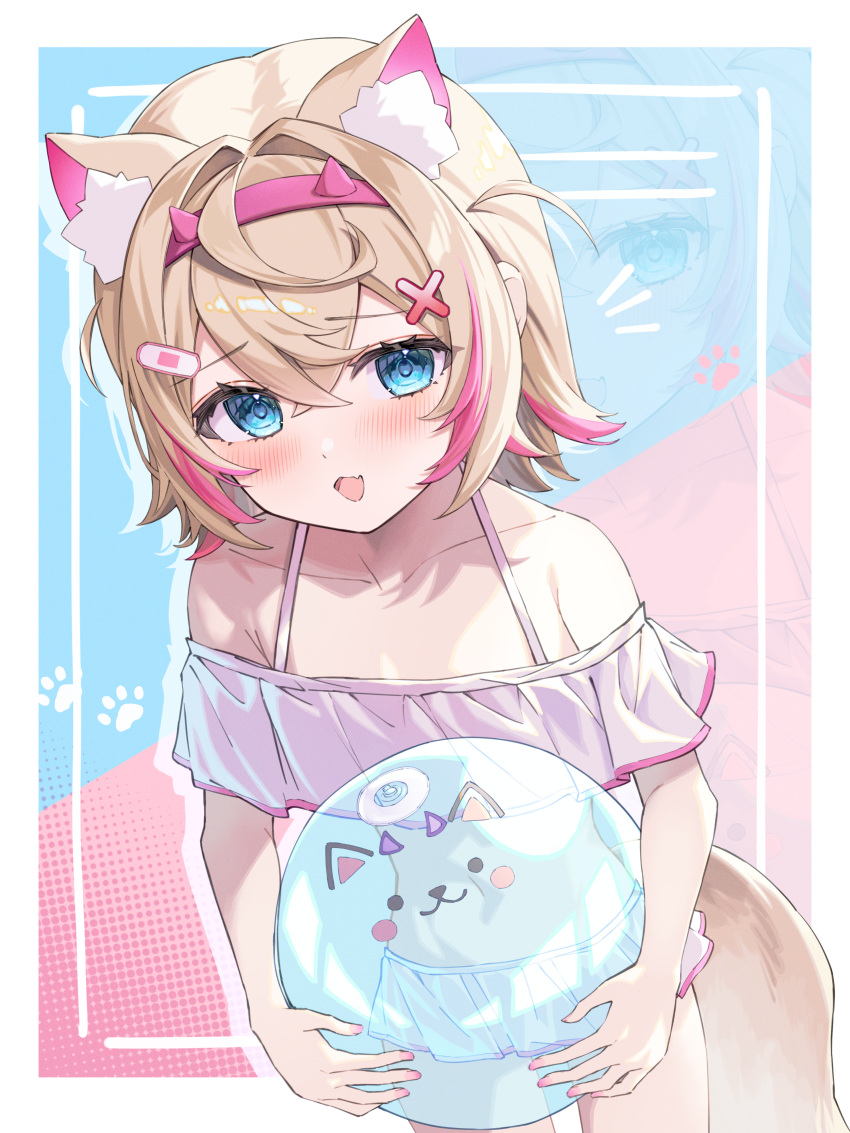 absurdres animal_ear_fluff animal_ears ball bandaid bandaid_hair_ornament beachball bikini bikini_skirt blush breasts dog_ears dog_girl female hair_ornament highres hinatan_(hinatan_krnk) holding holding_ball holding_beachball hololive hololive_english looking_at_viewer mococo_abyssgard open_mouth short_hair skirt small_breasts smile solo swimsuit two_side_up virtual_youtuber white_bikini white_skirt x_hair_ornament