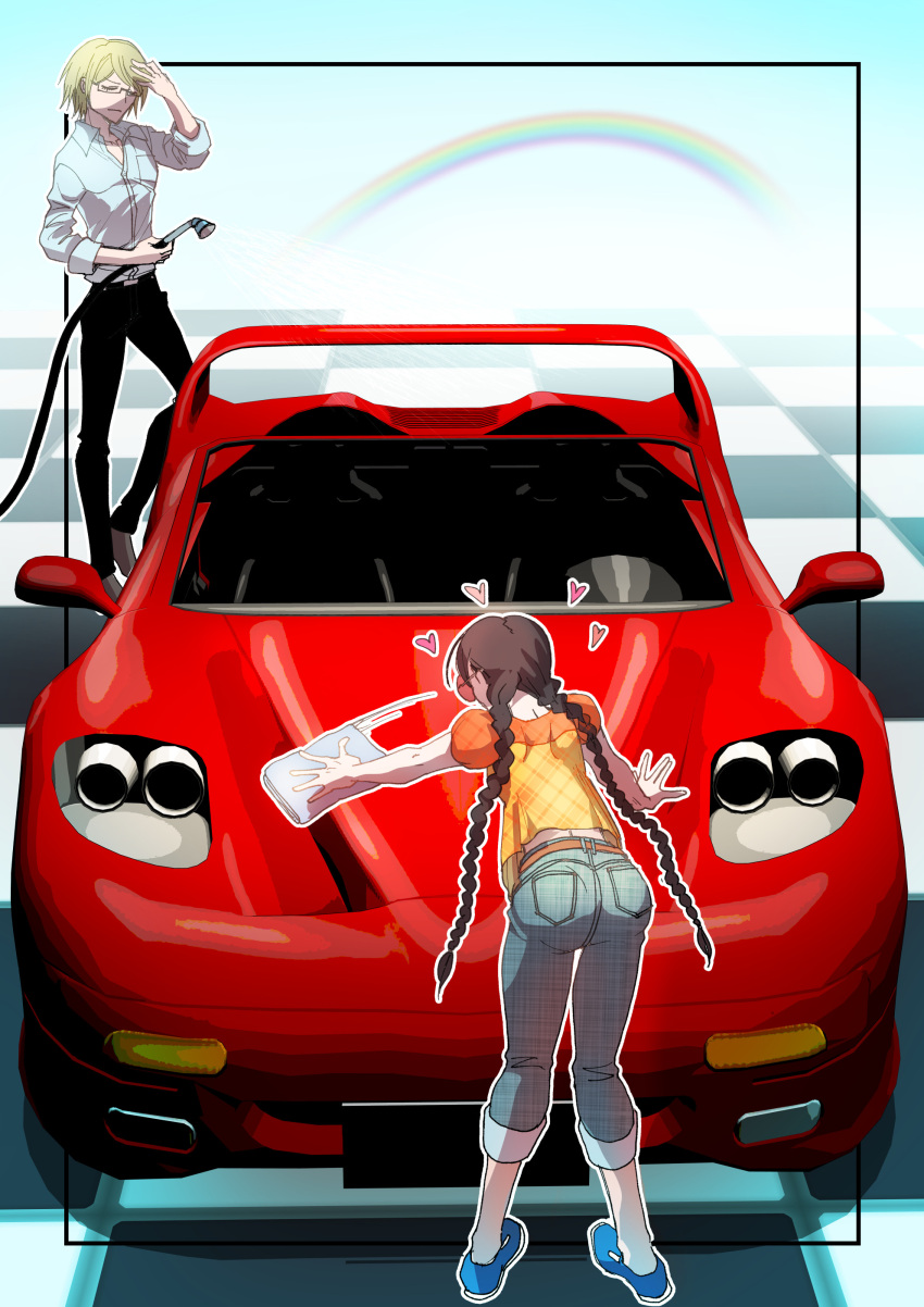 1boy absurdres black_pants blonde_hair blue_footwear braid brown_footwear car cleaning closed_eyes closed_mouth commentary danganronpa:_trigger_happy_havoc danganronpa_(series) denim female fukawa_toko full_body glasses heart highres jeans koutei_penko long_hair motor_vehicle pants rainbow red_car round_eyewear shirt shoes sprinkler togami_byakuya towel twin_braids white_shirt yellow_shirt