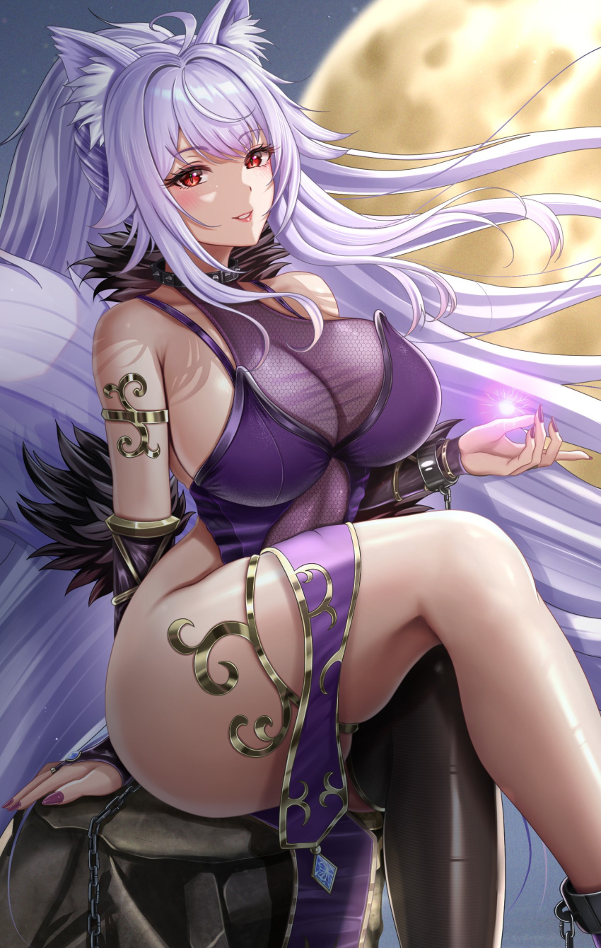 absurdres animal_ears armpit_crease ass bare_hips bare_shoulders barefoot breasts clothing_aside female fox_ears fox_girl highres large_breasts long_hair nori_chazuke original pelvic_curtain pelvic_curtain_aside purple_hair red_eyes shiny_skin sideboob single_thighhigh thick_thighs thighhighs thighs very_long_hair