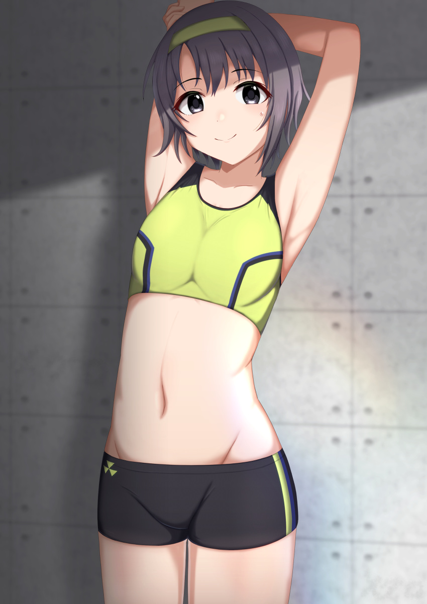 absurdres armpits arms_up black_eyes black_shorts cowboy_shot female gotokawa_meguro green_hairband green_sports_bra grey_hair hairband highres idolmaster idolmaster_cinderella_girls looking_at_viewer midriff navel otokura_yuuki short_hair short_shorts shorts smile solo sports_bikini sports_bra standing stretching