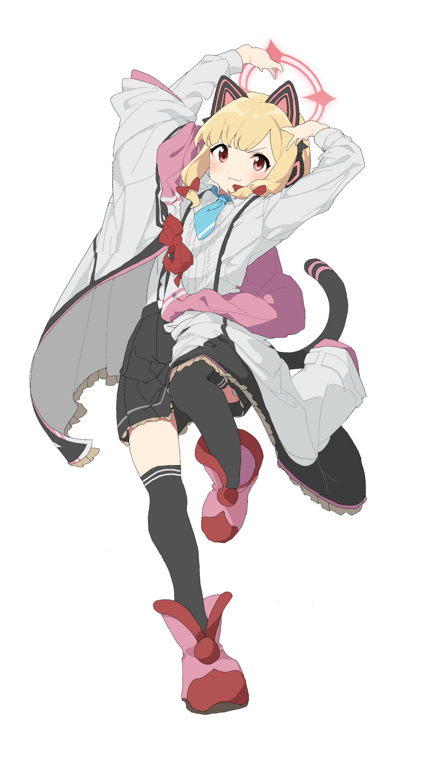 :3 absurdres animal_ear_headphones animal_ears black_thighhighs blonde_hair blue_archive blue_necktie cat_ear_headphones cat_tail closed_mouth commentary fake_animal_ears fake_tail female full_body fuyubone halo headphones highres jacket long_sleeves looking_at_viewer momoi_(blue_archive) necktie red_eyes red_halo shirt simple_background smile solo standing standing_on_one_leg tail thighhighs v-shaped_eyebrows white_background white_jacket white_shirt