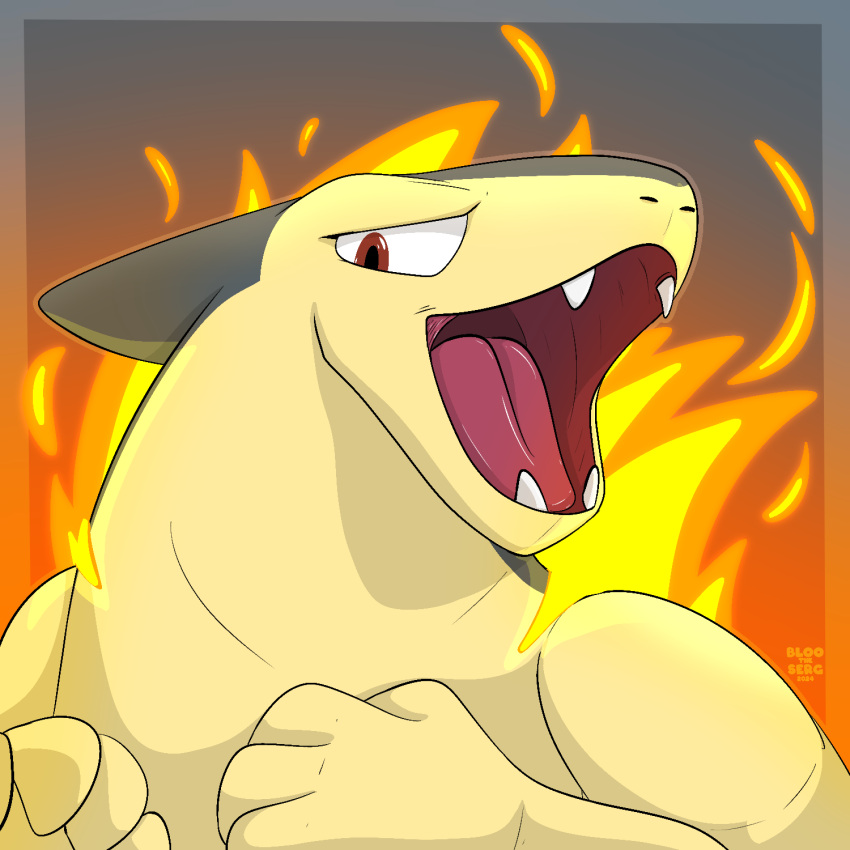 1:1 2024 artist_name black_outline bluezii dated fangs fire generation_2_pokemon grey_background hi_res nintendo open_mouth outline pokemon pokemon_(species) red_eyes simple_background snout teeth tongue typhlosion yellow_body