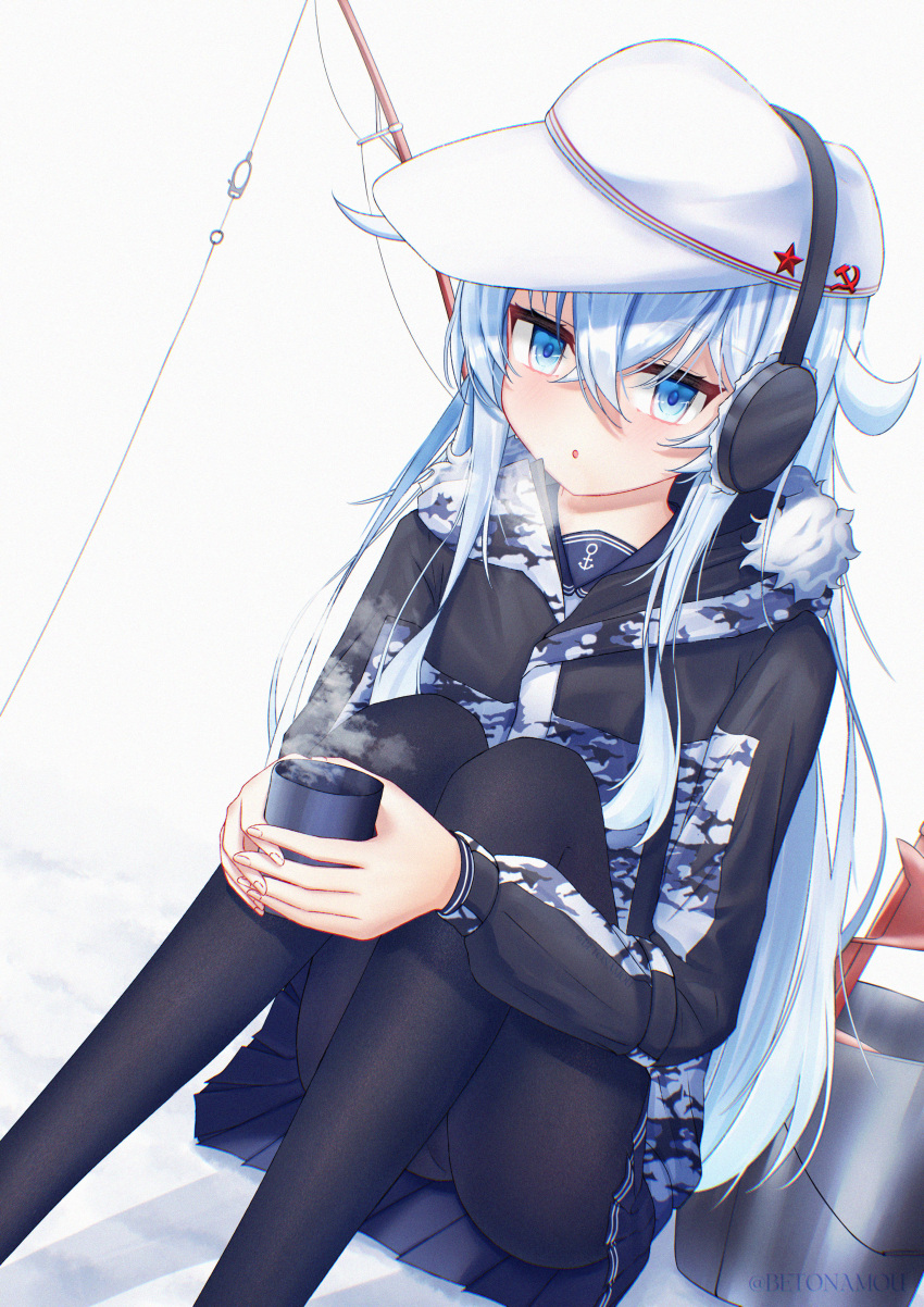 absurdres betonamou black_pantyhose black_skirt blue_eyes blue_hair camouflage camouflage_jacket earmuffs female fishing_line fishing_rod flat_cap hair_between_eyes hammer_and_sickle hat hibiki_(kancolle) highres ice_fishing jacket kantai_collection light_blue_hair long_hair long_sleeves miniskirt pantyhose pleated_skirt sitting skirt urban_camouflage verniy_(kancolle) verniy_(saury_festival)_(kancolle) white_hat