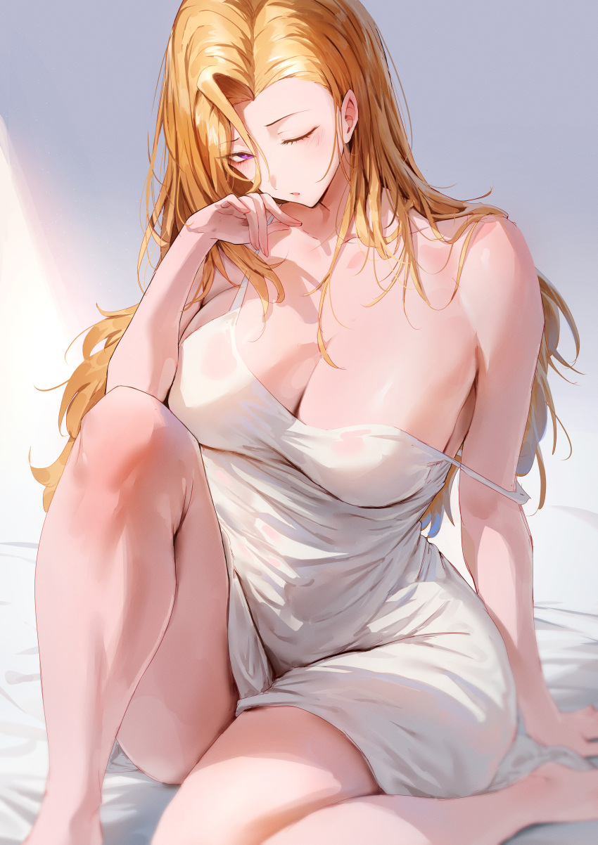 ;o absurdres asymmetrical_bangs bare_arms bare_legs barefoot bed_sheet blonde_hair blush breasts commentary commission curtained_hair dress english_commentary female fingernails highres huge_breasts knee_up long_hair looking_at_viewer one_eye_closed original pink_eyes pixiv_commission rororo see-through_clothes see-through_dress sitting sleepy sleeveless sleeveless_dress solo straight_hair strap_slip very_long_hair white_dress