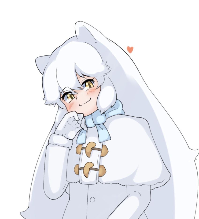 38b48bfrm animal_ears arctic_fox_(kemono_friends) blue_bow blue_bowtie blush bow bowtie capelet coat female fox_ears fox_girl fur_trim gloves hair_between_eyes heart highres kemono_friends long_hair looking_at_viewer sidelocks smile solo upper_body white_capelet white_coat white_fur white_gloves white_hair winter_clothes winter_coat yellow_eyes