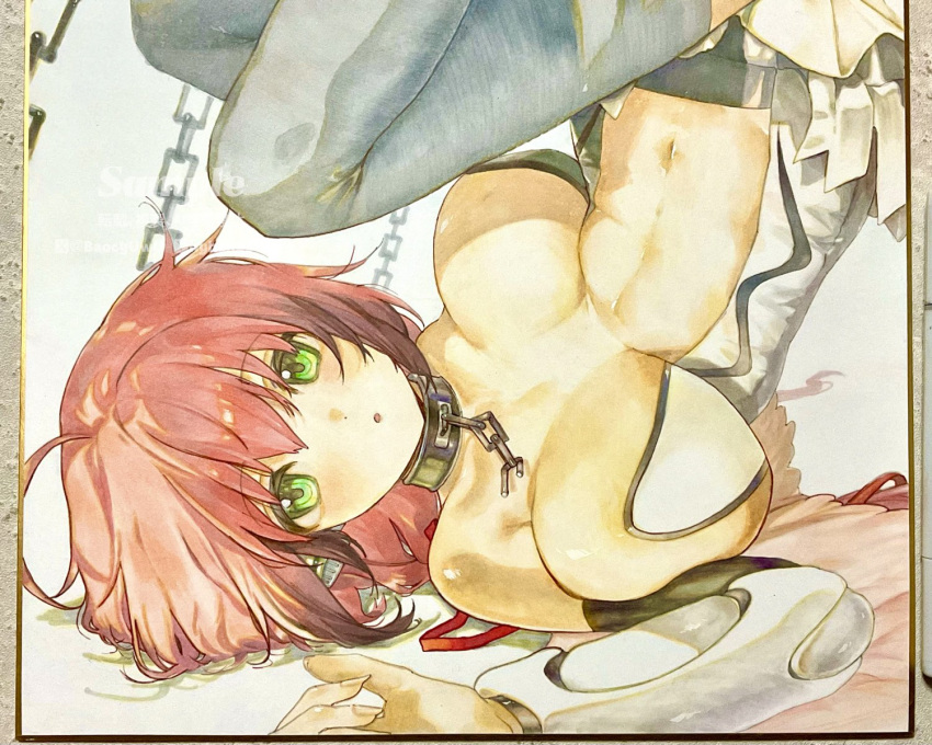 angel_wings baocyuwu black_hair breasts broken broken_chain center_opening chains collar dress female gradient_hair green_eyes hair_ribbon highres ikaros large_breasts looking_at_viewer marker_(medium) metal_collar multicolored_hair navel parted_lips photo_(medium) pink_hair red_ribbon ribbon robot_ears sleeveless sleeveless_dress solo sora_no_otoshimono stomach thighhighs traditional_media white_dress white_thighhighs white_wings wings