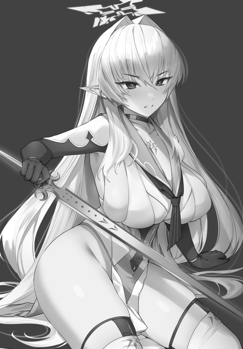 armpits aru_kenshi_no_shouai ass bare_hips breasts chest_tattoo cleavage collarbone comiket_103 elbow_gloves elf female gloves greyscale groin highres holding holding_sword holding_weapon large_breasts long_hair monochrome non-web_source pelvic_curtain pointy_ears sereia shiny_skin skindentation solo sword tattoo thighhighs thighs two_side_up very_long_hair weapon yaman