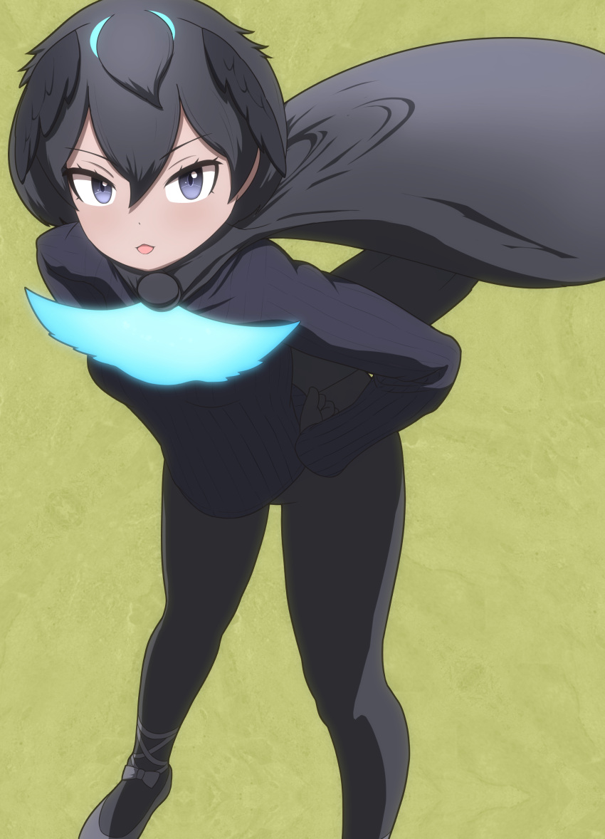 absurdres ballet_slippers bent_over bird_girl bird_tail bird_wings black_cape black_footwear black_gloves black_hair black_pantyhose black_sweater blue_bow blue_bowtie blue_eyes blue_hair bow bowtie cape female gloves hair_between_eyes head_wings highres kemono_friends long_sleeves looking_at_viewer multicolored_hair pantyhose rest_in_muni short_hair sidelocks solo streaked_hair superb_bird-of-paradise_(kemono_friends) sweater tail wings