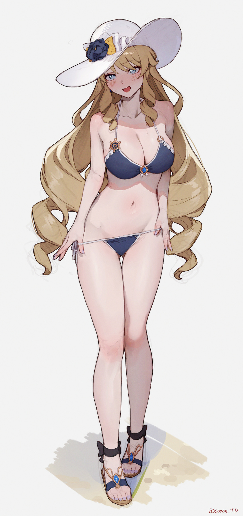 absurdres alternate_costume artist_name ass_visible_through_thighs bare_legs bare_shoulders bikini bikini_pull black_flower blonde_hair blue_bikini blue_eyes blush breasts cleavage clothes_pull collarbone commentary embarrassed feet female flower footwear_request full_body genshin_impact groin hat hat_flower highres large_breasts legs long_hair looking_at_viewer nail_polish navel navia_(genshin_impact) open_mouth shade smile solo sooon stomach swimsuit thigh_gap toenail_polish toenails toes very_long_hair white_hat