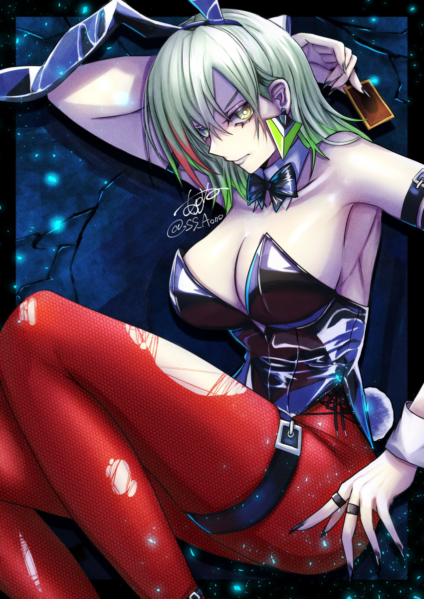 absurdres animal_ears arm_behind_head bare_shoulders black_border black_leotard black_nails border breasts card cleavage diabellstar_the_black_witch duel_monster fake_animal_ears fake_tail female fingernails green_hair grey_eyes grey_hair highres holding holding_card large_breasts leotard long_fingernails medium_hair multicolored_hair pantyhose playboy_bunny rabbit_ears rabbit_tail red_hair red_pantyhose shiina_aono solo strapless strapless_leotard streaked_hair tail torn_clothes torn_pantyhose trading_card yu-gi-oh!