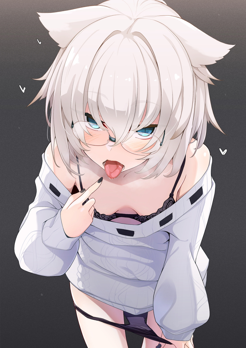 animal_ears black_bra black_nails black_panties blue_eyes blush bra cable_knit downblouse female glasses hand_in_panties heart highres licorice_(noja_kichi) looking_at_viewer off-shoulder_sweater off_shoulder ogami_kazuki original panties panty_pull saliva short_hair solo sweater tongue tongue_out underwear white_hair white_sweater