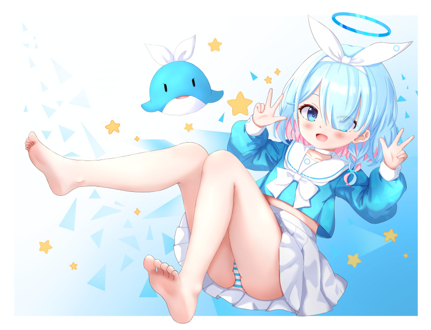 :d absurdres arona_(blue_archive) barefoot blue_archive blue_eyes blue_hair blue_halo blue_pupils blue_shirt blush bow_hairband braid choker colored_inner_hair double_w eyes_visible_through_hair feet female floating hair_over_one_eye hairband halo highres light_blue_hair long_sleeves looking_at_viewer midriff_peek multicolored_hair neckerchief open_mouth panties pantyshot pink_hair pleated_skirt puffy_sleeves ribbon sailor_collar school_uniform shirt short_hair single_braid skirt smile star_(symbol) striped_clothes striped_panties underwear upskirt uro30 w white_choker white_hairband white_neckerchief white_ribbon white_sailor_collar white_skirt