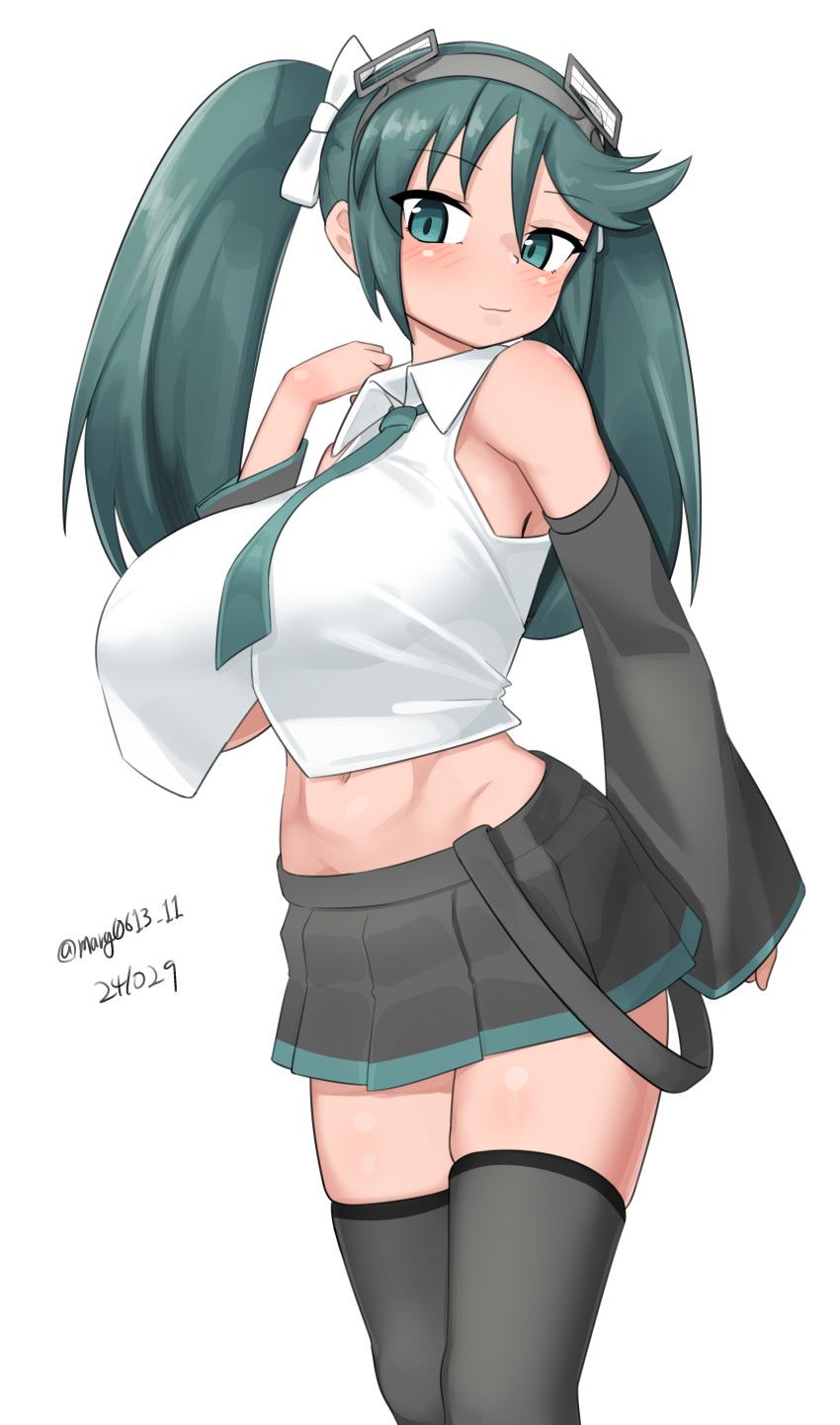 absurdres black_skirt black_thighhighs breasts collared_shirt cosplay dated dress_shirt feet_out_of_frame female green_eyes green_hair green_necktie hatsune_miku hatsune_miku_(cosplay) headgear highres isuzu_(kancolle) kantai_collection large_breasts maru_(marg0613) miniskirt necktie one-hour_drawing_challenge pleated_skirt shirt skirt sleeveless sleeveless_shirt solo thighhighs twintails twitter_username vocaloid white_shirt