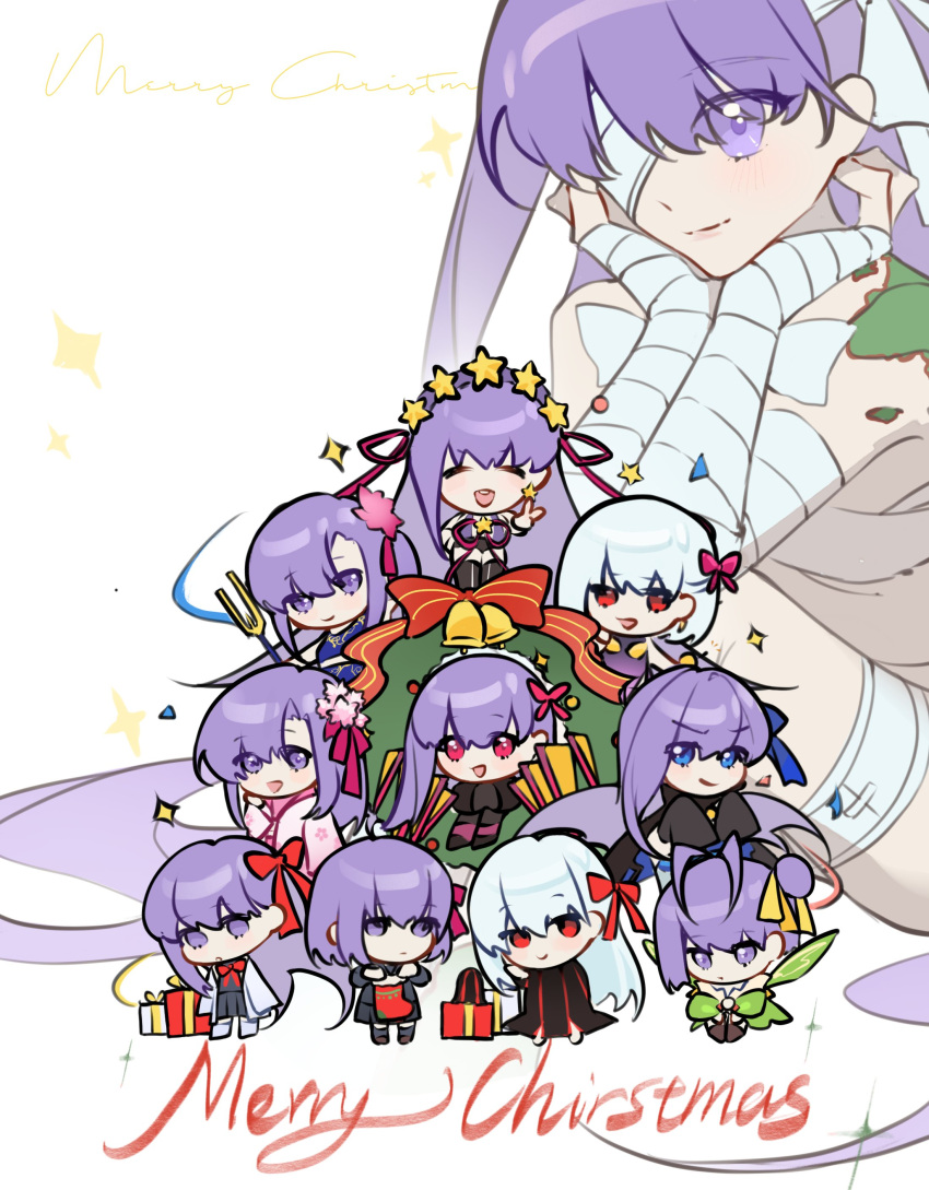 6+girls absurdres amiably_02 bandage_on_face bandage_over_one_eye bandaged_arm bandages bb_(fate) bibi_(ressue_(gomgom)) chest_sarashi chibi chiyoda_sakura corruption dark_persona dark_sakura dress earrings english_text fate/grand_order fate/stay_night fate/zero fate_(series) flower hair_flower hair_ornament heaven's_feel highres japanese_clothes jewelry kimono lolicon long_hair looking_at_viewer matou_sakura meltryllis_(fate) merry_christmas multiple_girls naked_bandage open_mouth pointy_ears purple_eyes purple_hair red_eyes red_ribbon ribbon sakura_(nagatoro) sarashi star_(symbol) star_earrings star_hair_ornament striped_clothes striped_dress vertical-striped_clothes vertical-striped_dress white_hair