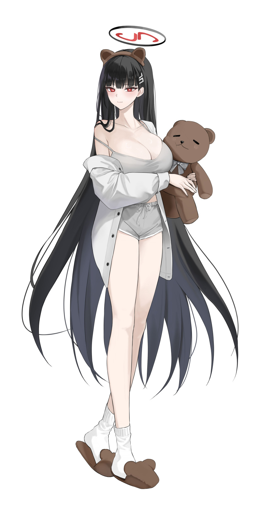 absurdres alternate_costume animal_ears bear_ears black_hair black_halo blue_archive blush breasts bright_pupils cleavage closed_mouth commentary_request dolphin_shorts fake_animal_ears female full_body grey_shirt grey_shorts hair_ornament hairclip halo heel_up highres holding holding_stuffed_toy hwa_n01 korean_commentary large_breasts light_smile long_hair long_legs long_sleeves looking_at_viewer off_shoulder open_clothes open_shirt red_eyes rio_(blue_archive) shirt short_shorts shorts sitting slippers socks solo spaghetti_strap standing strap_slip stuffed_animal stuffed_toy teddy_bear very_long_hair white_background white_pupils white_socks