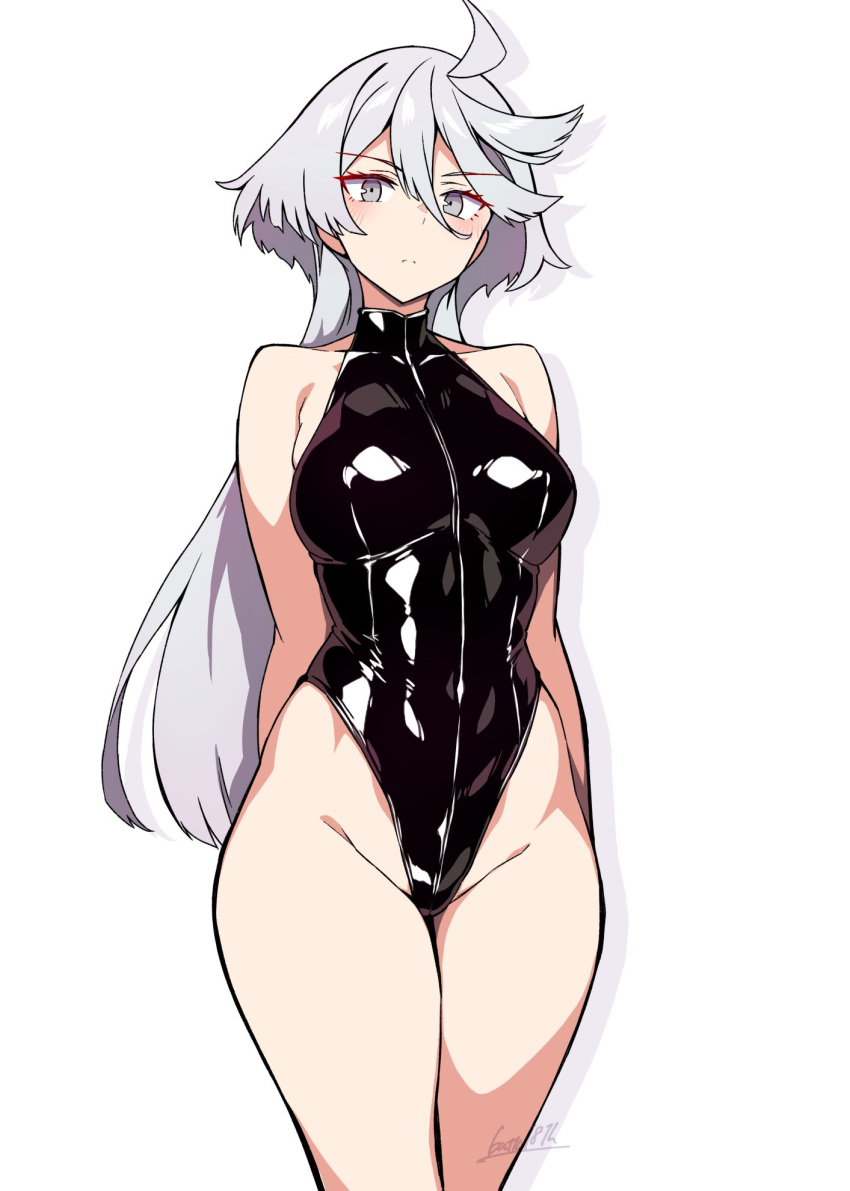 ahoge arms_behind_back batta_16-sei black_leotard commentary_request female grey_eyes grey_hair gundam gundam_suisei_no_majo hair_between_eyes highleg highleg_leotard highres leotard long_hair medium_hair miorine_rembran simple_background sleeveless_turtleneck_leotard solo turtleneck turtleneck_leotard white_background