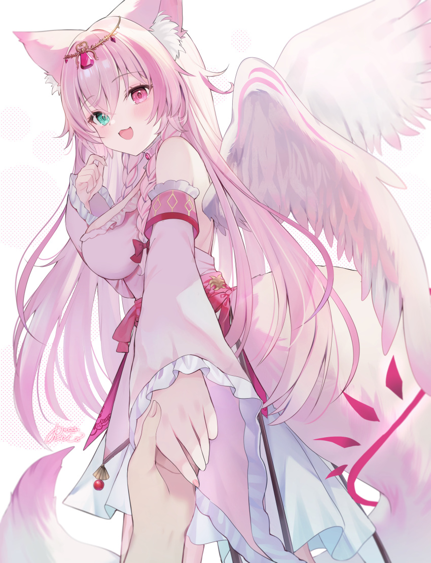 1other :d absurdres animal_ears bare_shoulders breasts commentary_request commission copyright_request detached_sleeves dress feathered_wings female fox_ears fox_girl fox_tail frilled_sleeves frills green_eyes hair_between_eyes heterochromia highres holding_hands long_hair long_sleeves looking_at_viewer looking_to_the_side medium_breasts pink_dress pink_hair pink_sleeves pleated_skirt red_eyes rucaco simple_background skeb_commission skirt sleeves_past_wrists smile solo_focus tail very_long_hair virtual_youtuber white_background white_skirt white_wings wide_sleeves wings