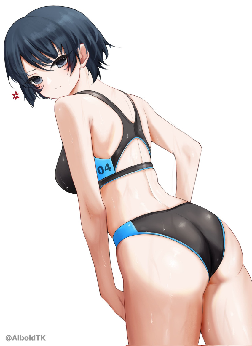 anger_vein ass black_buruma black_eyes black_hair black_sports_bra buruma female from_behind hakamichi_shizune highres katawa_shoujo looking_at_viewer looking_back seba short_hair simple_background solo sports_bikini sports_bra track_and_field white_background