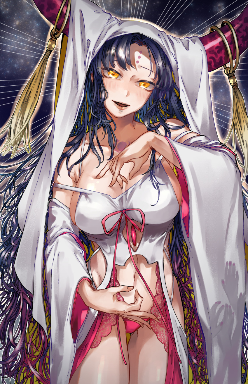 black_hair blush breasts chest_tattoo cleavage commentary commentary_request cowboy_shot cutout_above_navel dress facial_mark fate/extra fate/extra_ccc fate/grand_order fate_(series) female forehead_mark handprint highres hip_vent horn_ornament horn_ring horns large_breasts long_hair long_sleeves looking_at_viewer mudra multicolored_hair navel open_mouth outline panties parted_bangs pink_hair pink_horns pink_panties print_sleeves sessyoin_kiara sideboob smile solo stomach_tattoo streaked_hair tassel tattoo underwear veil very_long_hair vitarka_mudra white_dress white_outline white_veil wide_sleeves yellow_eyes yuukichi_(okome_uk)