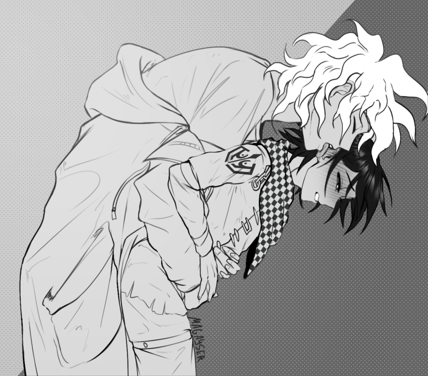 2boys blush checkered_clothes checkered_scarf danganronpa_(series) danganronpa_2:_goodbye_despair danganronpa_v3:_killing_harmony from_side greyscale half-closed_eyes highres jacket komaeda_nagito licking licking_another's_face magayser messy_hair monochrome multiple_boys off_shoulder oma_kokichi pants scarf short_hair teeth yaoi