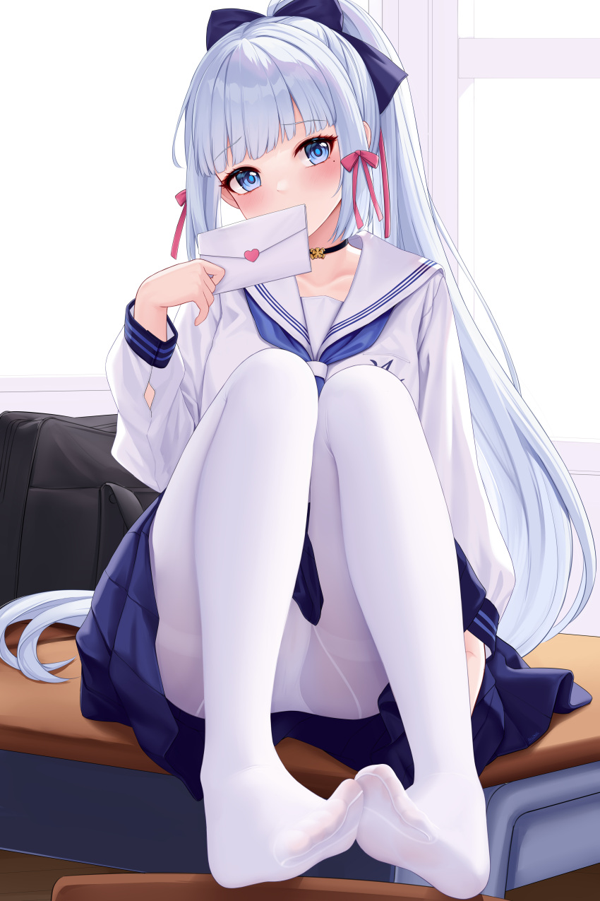 absurdres allenes ass bag blue_bow blue_eyes blue_skirt blunt_bangs blush bow choker collarbone desk feet female genshin_impact hairbow head_tilt highres holding holding_letter kamisato_ayaka kamisato_ayaka_(heytea) letter long_hair long_sleeves looking_at_viewer love_letter mole mole_under_eye no_shoes official_alternate_costume on_desk open_clothes open_skirt panties panties_under_pantyhose pantyhose pleated_skirt ponytail sailor_collar school_bag school_uniform shirt sidelocks simple_background sitting skirt solo thighband_pantyhose thighs toes underwear white_background white_hair white_panties white_pantyhose white_sailor_collar white_shirt