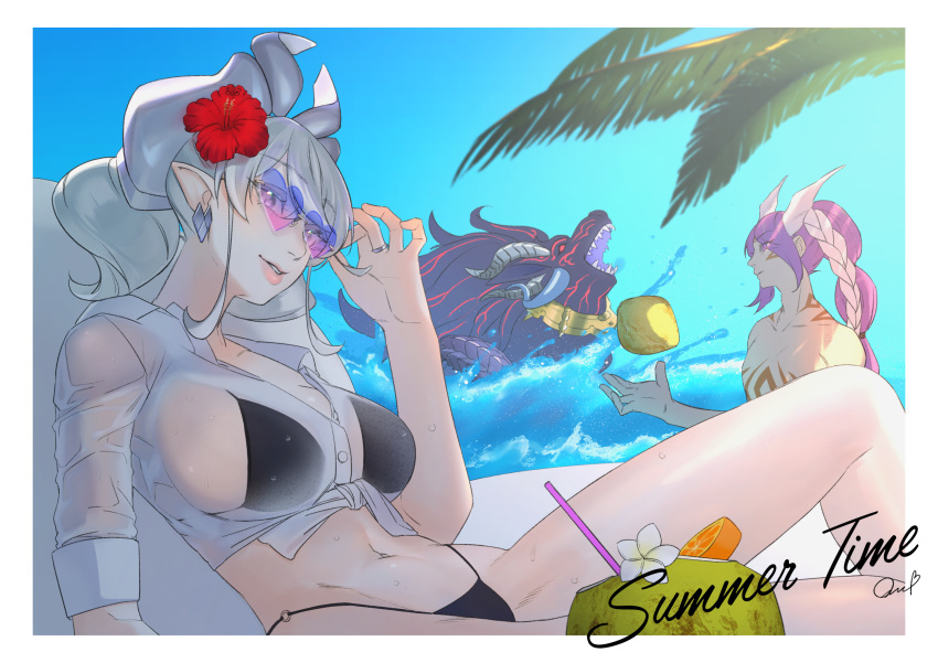 1boy 1other abominable_unchained_soul adjusting_eyewear bikini black_bikini breasts cleavage coconut commentary_request demon_girl demon_horns duel_monster female flower grey_eyes grey_hair hair_flower hair_ornament heart heart-shaped_eyewear highres horns large_breasts looking_at_viewer lovely_labrynth_of_the_silver_castle ocean palm_tree pointy_ears quo_(haizaraq) smile swimsuit translucent tree twintails unchained_abomination white_hair white_horns yu-gi-oh!