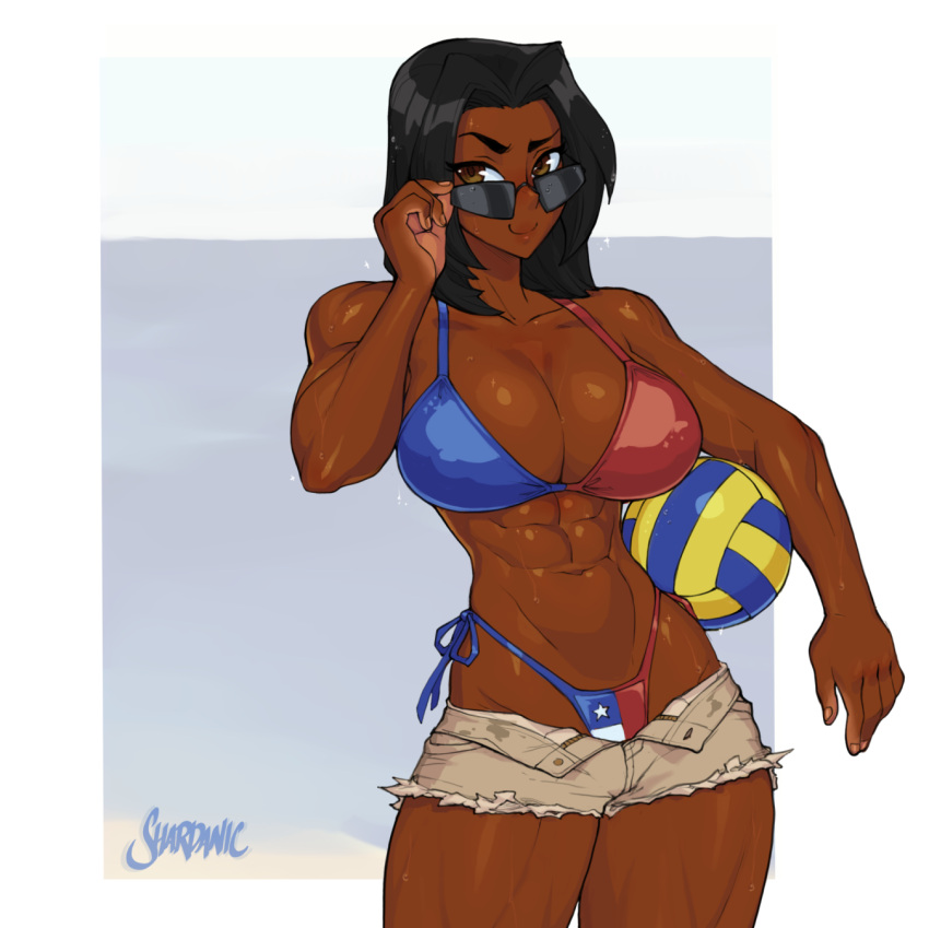 abs beach_volleyball bikini black_hair breasts cleavage commission dark-skinned_female dark_skin highres logo looking_at_viewer muscular original pinup_(style) shardanic shorts solo sunglasses swimsuit tan