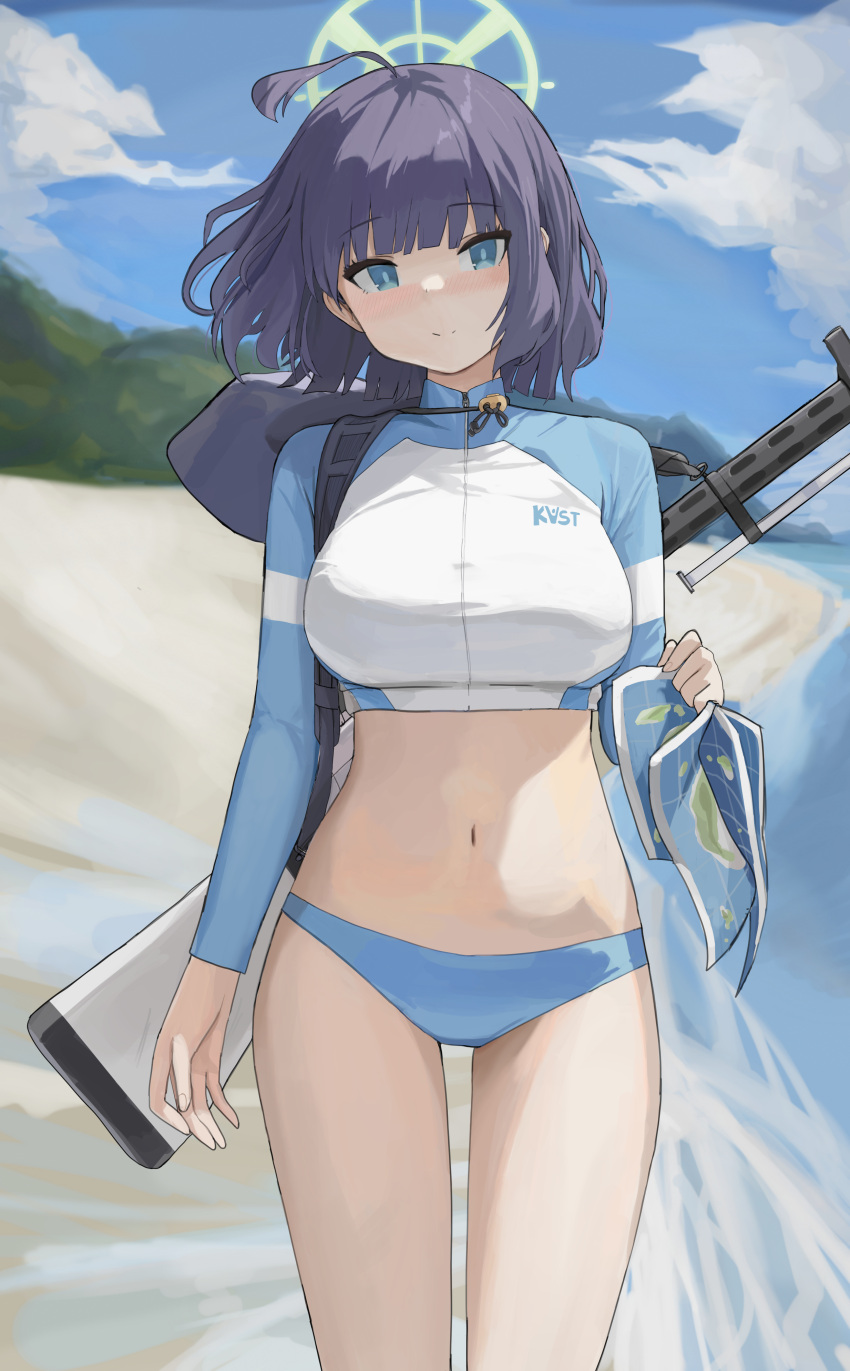 absurdres aqua_eyes beach bikini blue_archive blue_bikini blue_jacket blush breasts cropped_jacket dolri female grey_hair gun halo highres jacket large_breasts long_sleeves looking_at_viewer map multicolored_clothes multicolored_jacket navel rash_guard saki_(blue_archive) saki_(swimsuit)_(blue_archive) short_hair sidelocks solo swimsuit thighs two-tone_jacket weapon white_jacket