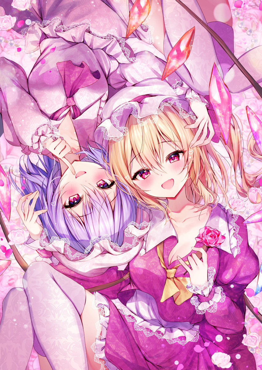 2girls :d absurdres ascot blonde_hair blush breasts cleavage commentary_request crystal dress finger_to_mouth flandre_scarlet frilled_skirt frilled_sleeves frills hair_between_eyes hat hat_ribbon highres juliet_sleeves large_breasts long_sleeves looking_at_viewer medium_breasts mob_cap multicolored_wings multiple_girls nenobi_(nenorium) oerba_yun_fang open_mouth pink_ascot pink_dress pink_hat pink_thighhighs puffy_sleeves purple_hair red_eyes red_skirt remilia_scarlet ribbon shirt short_hair siblings side_ponytail sisters skin_fang skirt skirt_set smile thighhighs touhou wings yellow_ascot