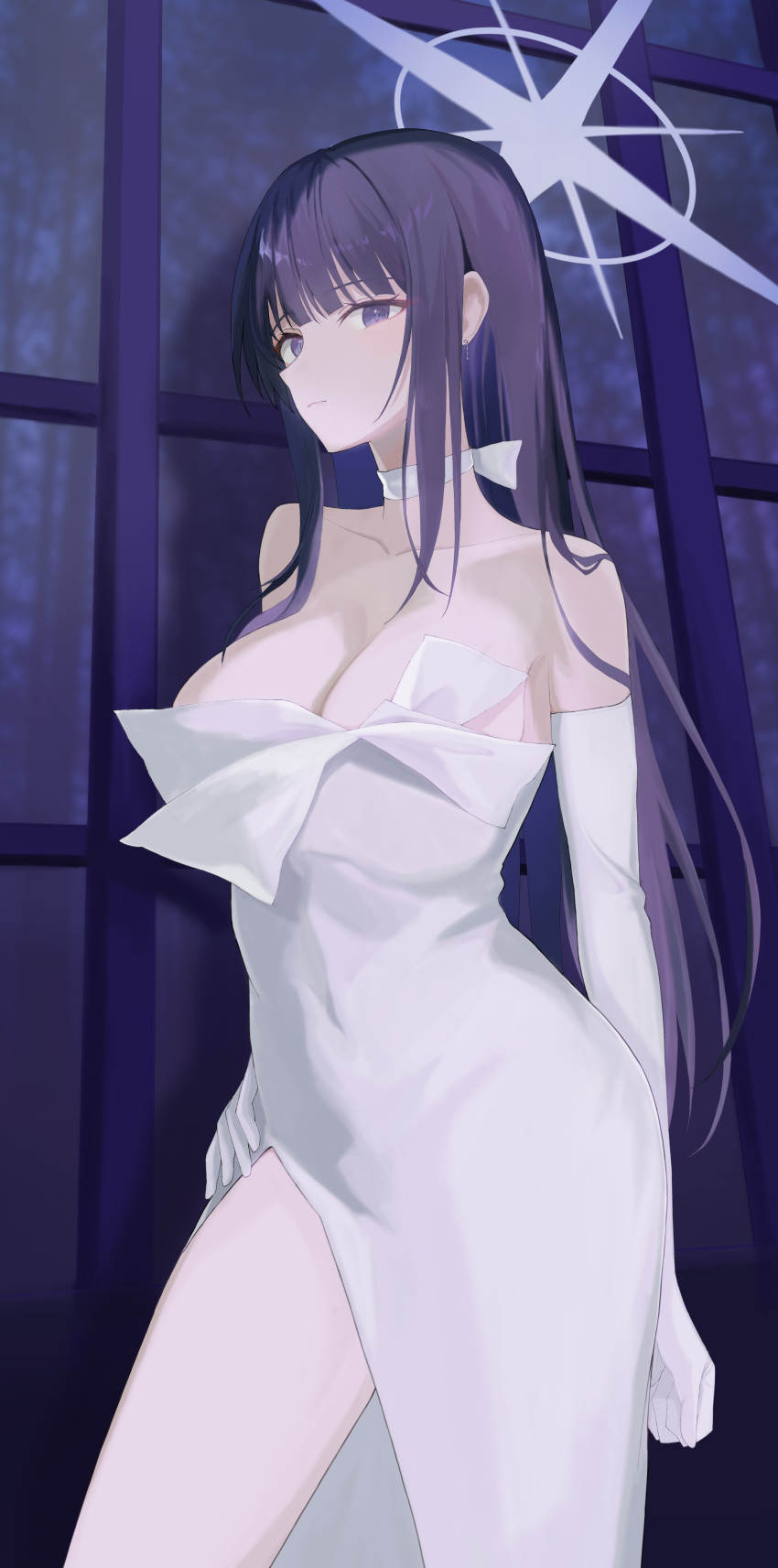 absurdres blue_archive blue_eyes blue_hair blue_halo breasts choker colored_inner_hair commentary_request dress elbow_gloves female gloves halo highres hwa_n01 long_hair multicolored_hair official_alternate_costume saori_(blue_archive) saori_(dress)_(blue_archive) solo strapless strapless_dress white_choker white_dress white_gloves