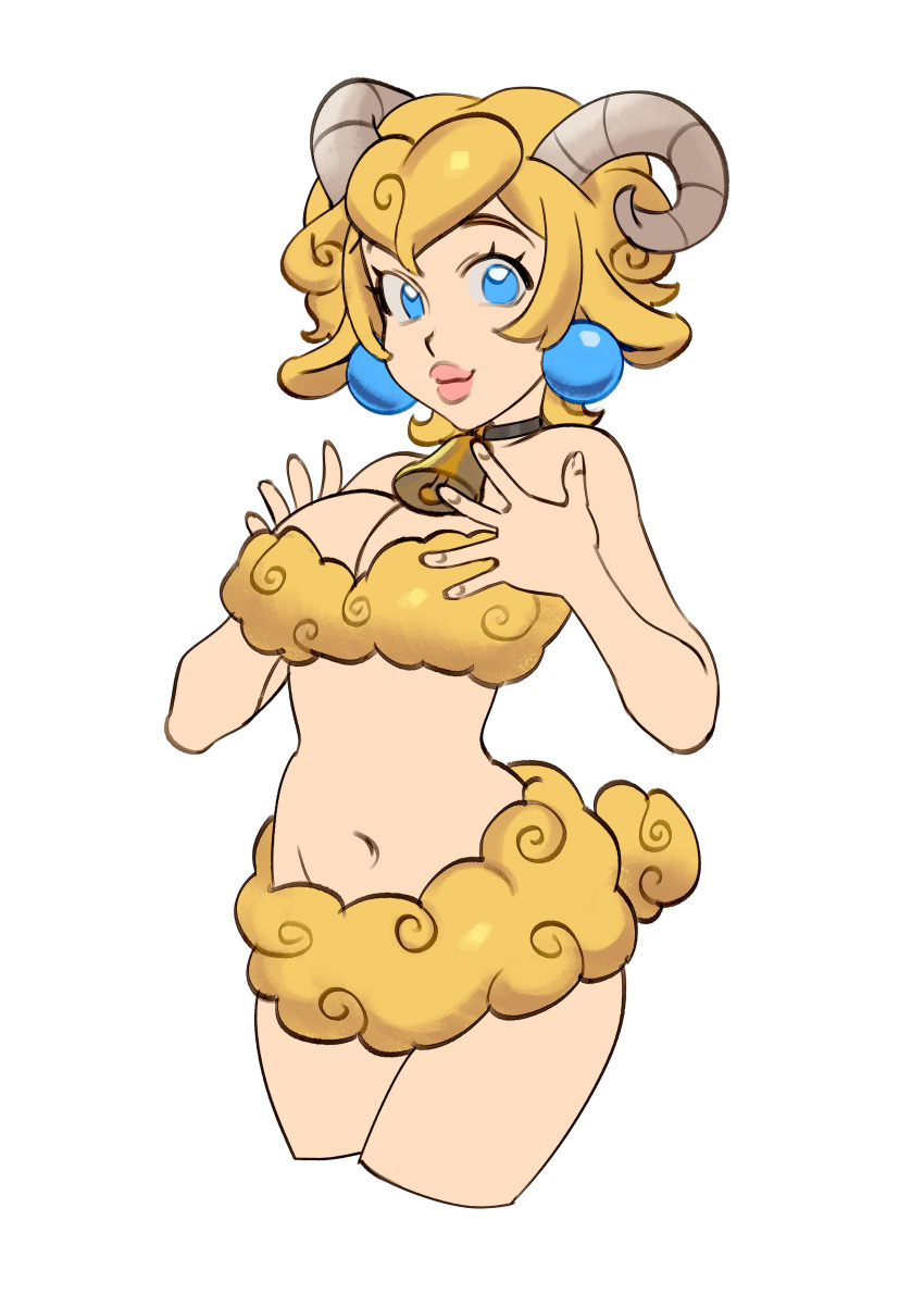 absurdres alternate_costume alternate_hair_length alternate_hairstyle animal_ears bare_shoulders bell bikini blonde_hair blue_eyes breasts cleavage cropped_legs curled_horns earrings eyelashes female hands_up highres horns itslyssalala jewelry large_breasts looking_at_viewer mario_(series) navel neck_bell pink_lips princess_peach sheep_ears sheep_girl sheep_horns sheep_tail short_hair smile solo sphere_earrings strapless strapless_bikini swimsuit tail thick_lips wool yellow_bikini yellow_fur