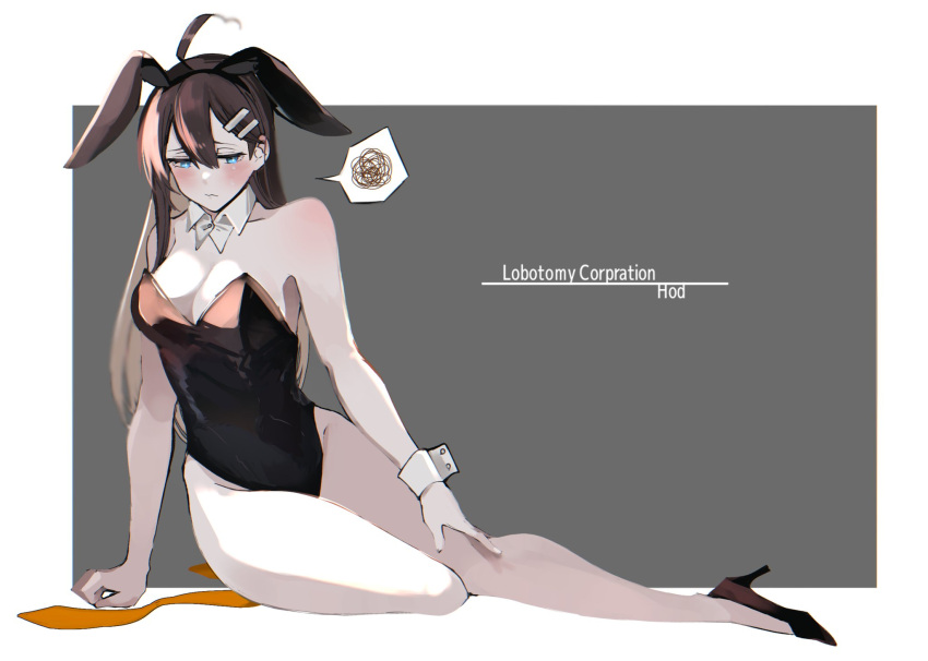 0o0onnk ahoge animal_ears arm_support bare_legs blue_eyes blush breasts brown_hair detached_collar embarrassed high_heels highleg highleg_leotard highres hod_(project_moon) leotard lobotomy_corporation long_hair playboy_bunny project_moon rabbit_ears reclining spoken_squiggle squiggle wrist_cuffs