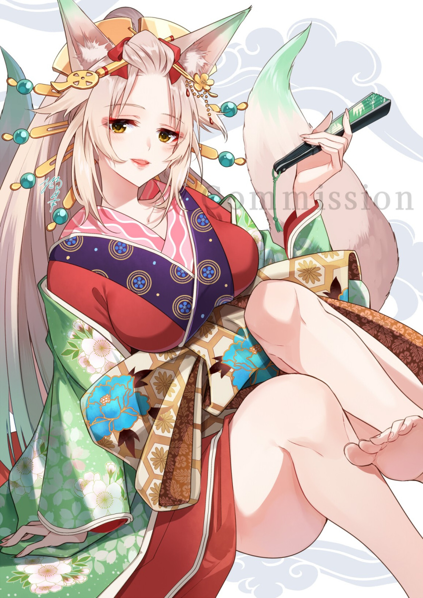 :d animal_ear_fluff animal_ears barefoot blonde_hair blush breasts commission female floral_print floral_print_kimono folded_fan folding_fan fox_ears fox_girl fox_tail green_kimono hand_fan highres holding holding_fan japanese_clothes kimono large_breasts layered_kimono long_hair looking_at_viewer multiple_tails nekozuki_yuki oiran open_mouth original red_kimono sitting skeb_commission smile solo suirin_(tukikagerou) tail thick_lips thighs yellow_eyes