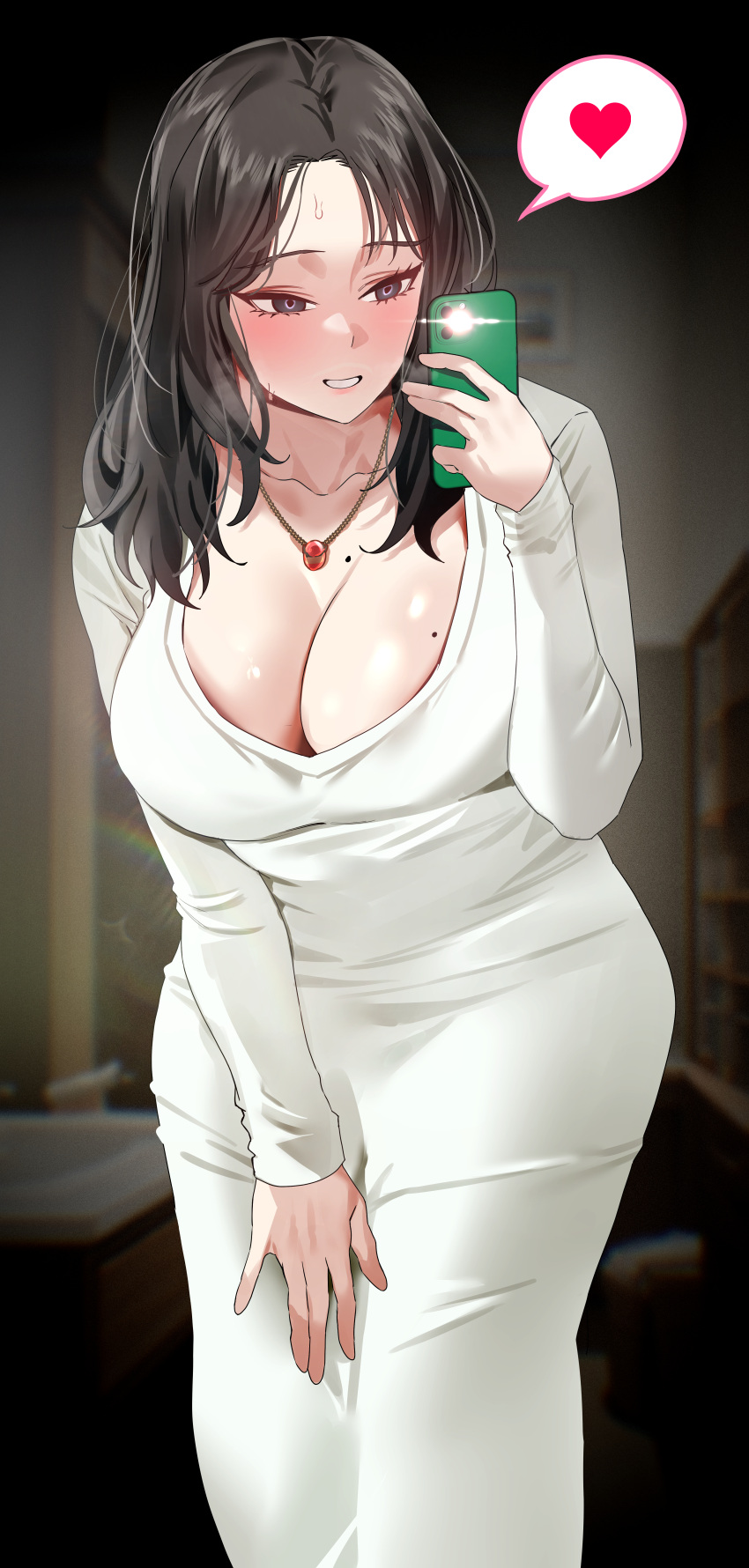 absurdres black_hair blurry blurry_background blush breasts cleavage commentary dongtan_dress dress female heart highres indoors jewelry joacy large_breasts leaning_forward long_hair long_sleeves looking_at_phone meme_attire mole mole_on_breast necklace original phone smile solo spoken_heart symbol-only_commentary tight_clothes tight_dress white_dress