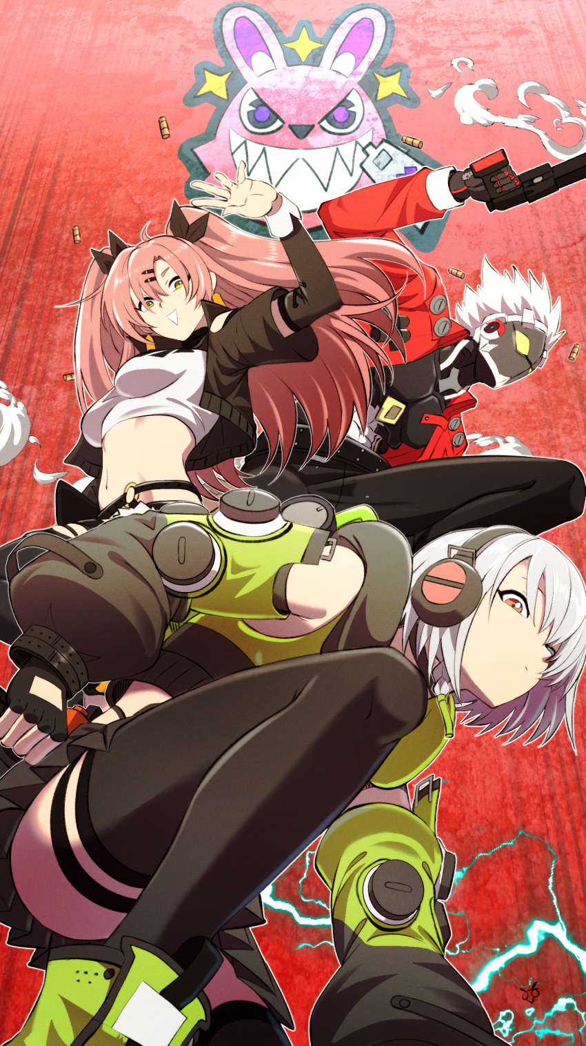 1boy 2girls absurdres anby_demara bare_shoulders billy_kid black_thighhighs crop_top grey_hair grin gun headphones highres holding holding_gun holding_weapon humanoid_robot jacket midriff multiple_girls navel nicole_demara pink_hair red_jacket revision robot samacho short_hair smile stomach thigh_strap thighhighs weapon white_hair zenless_zone_zero