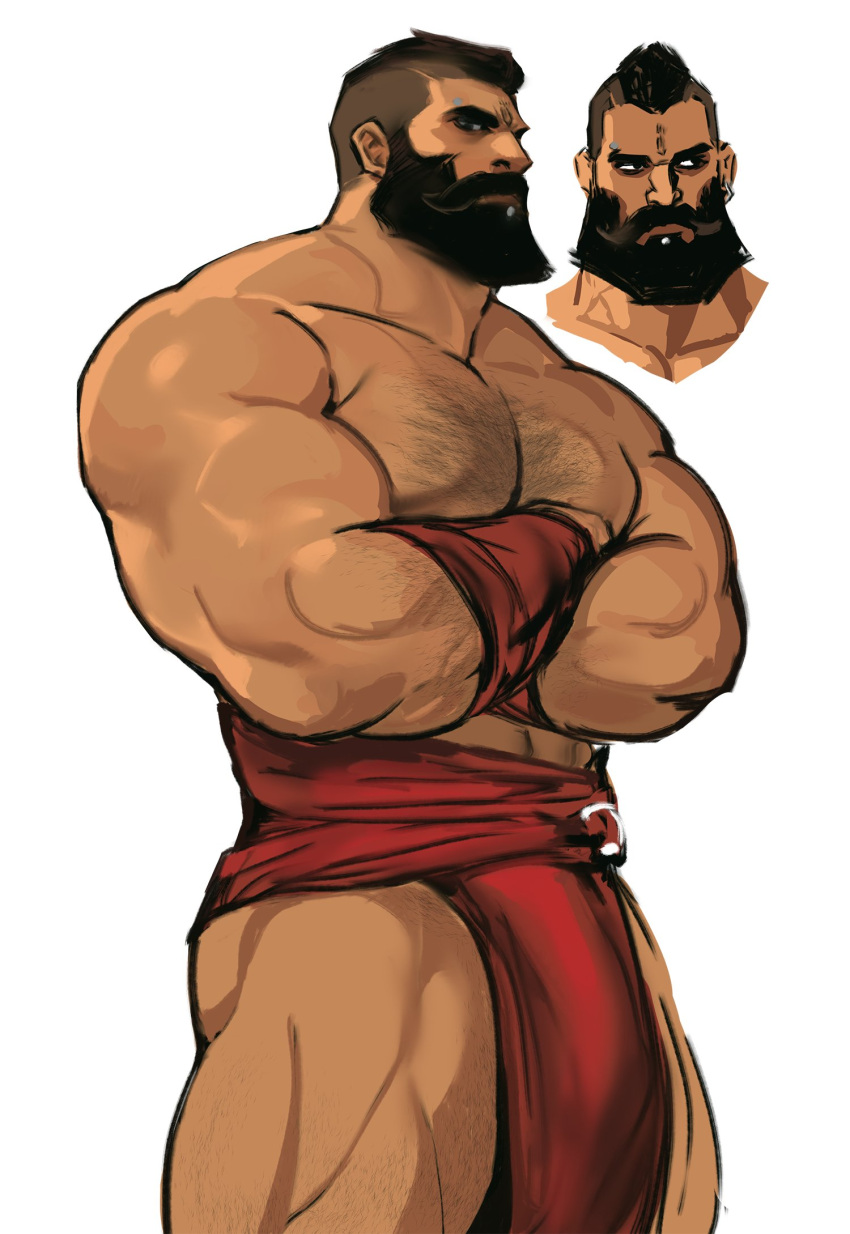 1boy arcane:_league_of_legends bara beard black_hair bulge chest_hair cowboy_shot cropped_shoulders crossed_arms dopey_(dopq) eyebrow_piercing facial_hair highres labret_piercing large_pectorals league_of_legends leg_hair looking_at_viewer looking_to_the_side male_focus manly mature_male mohawk multiple_views muscular muscular_male pectorals piercing rictus_(arcane) simple_background thick_arms thick_beard thick_eyebrows thick_neck thick_thighs thighs topless_male white_background