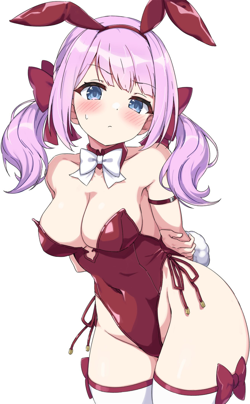 animal_ears arm_strap arms_behind_back assault_lily bare_arms bare_shoulders blue_eyes blush bow bowtie breasts cleavage closed_mouth collarbone commentary covered_navel cowboy_shot detached_collar fake_animal_ears fake_tail female frown hairband hairbow hand_on_own_arm highleg highleg_leotard highres leotard long_hair looking_at_viewer medium_breasts pera pink_hair playboy_bunny rabbit_ears rabbit_tail red_bow red_hairband red_leotard sadamori_himeka side-tie_leotard simple_background solo standing strapless strapless_leotard sweatdrop tail thigh_bow thighhighs twintails white_background white_bow white_bowtie white_thighhighs