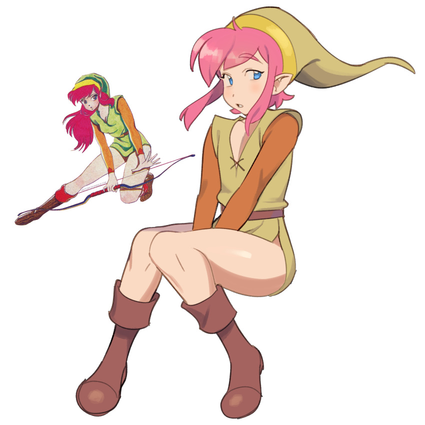 1boy absurdres blue_eyes boots brown_footwear brown_sleeves green_hat green_tunic hat highres invisible_chair itslyssalala link long_sleeves looking_to_the_side otoko_no_ko phrygian_cap pink_hair pointy_ears reference_inset simple_background sitting the_legend_of_zelda thighs tunic v_arms white_background